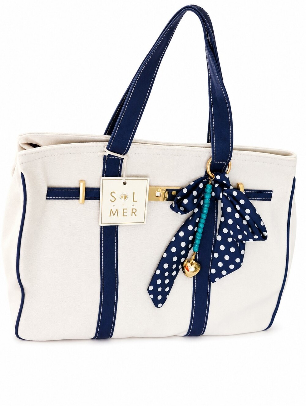 NWT Sol & Mer "Boatkin" Canvas Structured Tote Features Polka Dot Scarf + Charm